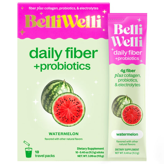 Belli Welli Daily Fiber Supplement Packets with Collagen, Probiotics & Electrolytes - Single Serve Packets for Gut Health, Digestion & Debloating - Watermelon - 10 Count
