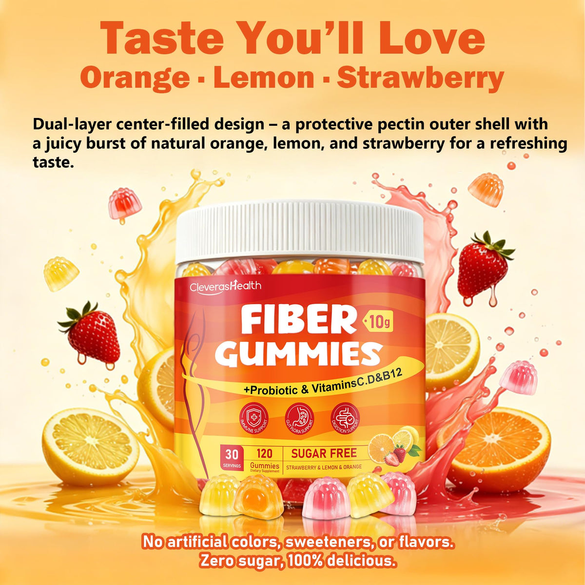 CleverasHealth 10G Fiber Gummies for Adults with 30 Billion CFU Probiotics,Vitamins C, D, B12,Electrolytes - Supports Digestive Health & Relieves Constipation and Bloating,Sugar Free - 120 Count