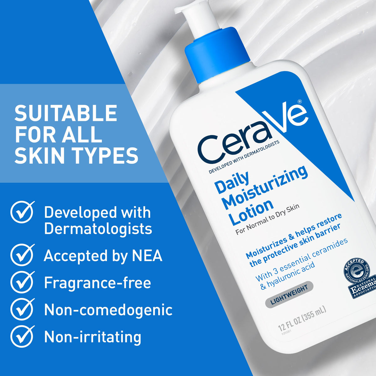 CeraVe Daily Moisturizing Lotion for Dry Skin, Fragrance Free Face & Body Moisturizer 12 oz
