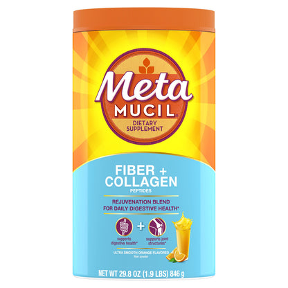Metamucil Daily Fiber + Collagen, Psyllium Husk Powder, Plant Based Fiber Supplement, Sugar-Free with Stevia, 3-in-1 Fiber Supplement for Digestive Health, Orange Flavored, 90 Doses