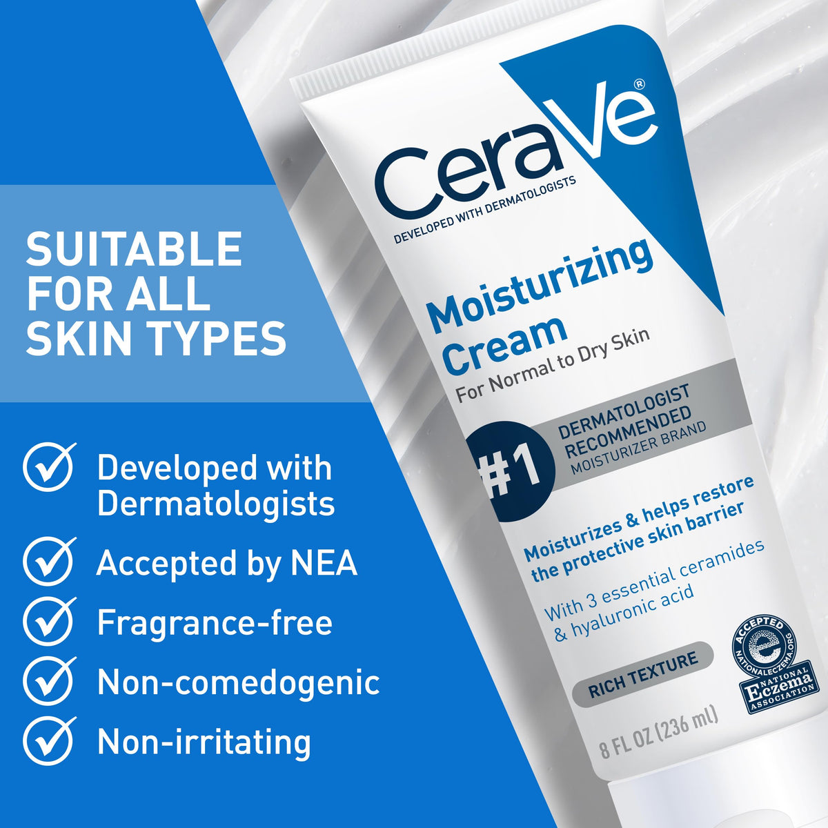 CeraVe Moisturizing Cream, Body and Face Moisturizer for Dry Skin, Body Cream with Hyaluronic Acid and Ceramides, Daily Moisturizer, Oil-Free, Fragrance Free, Non-Comedogenic, 19 Ounce
