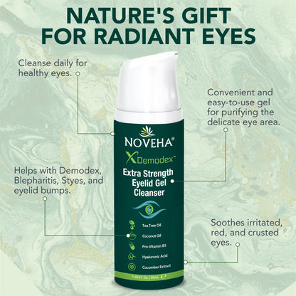NOVEHA Demodex Extra Strength Eyelid Gel Cleanser - Tea Tree Oil Eyelid Cleanser for Dry Eye, MGD & Itchy Eyelids (2 Pack, 50ml)