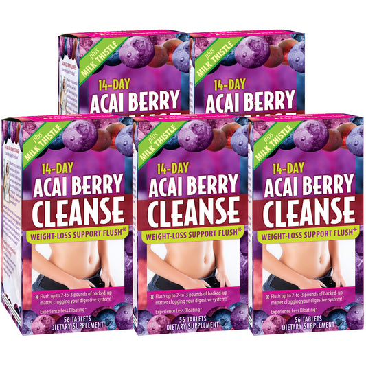 Applied Nutrition 14-Day Acai Berry Cleanse - 56 Tablets, Pack of 5 - Weight-Loss Support Flush + Milk Thistle - 140 Total Servings