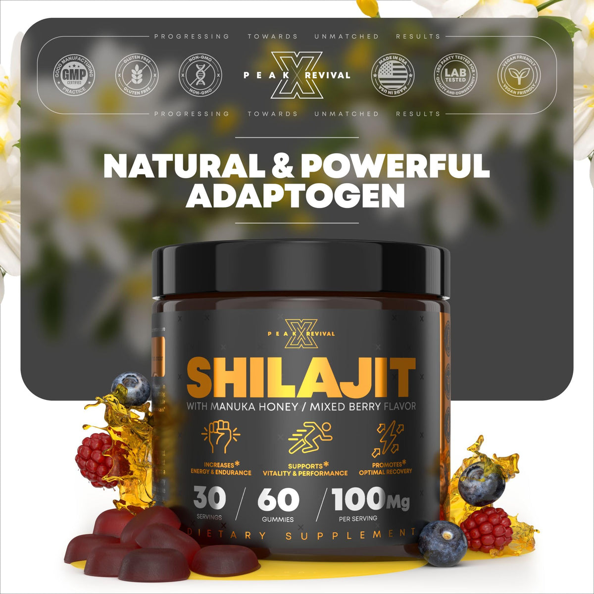 Shilajit Gummies with Manuka Honey - Energy, Endurance & Recovery Support Supplement - Peak Revival (Mixed Berry, 60 Gummies)