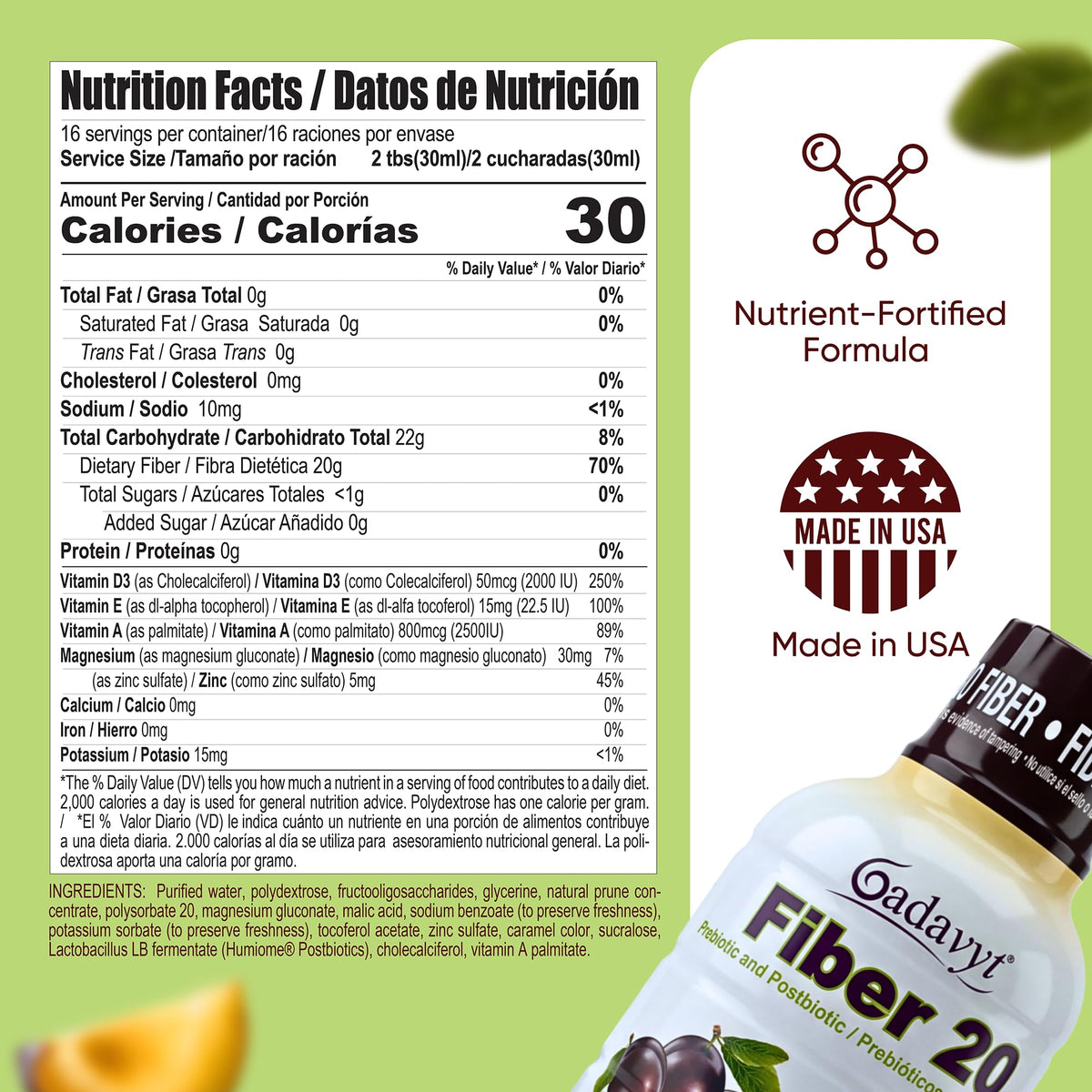 GADAVYT Fiber 20 - High Fiber Supplement for Women & Men, 20g Liquid Soluble Fiber/Serving, Prebiotic & Postbiotic Complex + Vitamins A, D3, E & Magnesium, Gut Health, Digestive Health, 16 fl oz