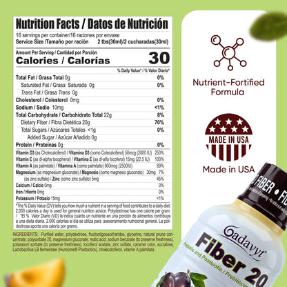 GADAVYT Fiber 20 - High Fiber Supplement for Women & Men, 20g Liquid Soluble Fiber/Serving, Prebiotic & Postbiotic Complex + Vitamins A, D3, E & Magnesium, Gut Health, Digestive Health, 16 fl oz