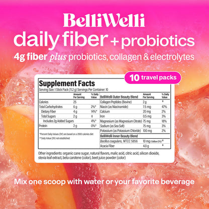 Belli Welli Fiber Supplement, Probiotics Fiber Powder Travel Pack for Women with Collagen & Electrolytes for Daily Gut Health & Debloating, Peach Mango, 10 Packets