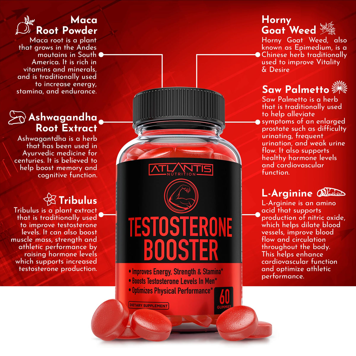 Testosterone Booster Gummies for Men - Strength, Stamina & Performance Support with Tribulus, Maca & Horny Goat Weed - Atlantis Nutrition (2 Pack, 120 Gummies)