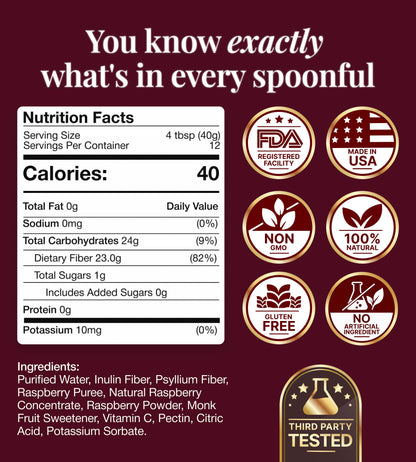 The Fiber Gel High Dietary Fiber Prebiotic Gel Formula - 100% Natural & Clean Label - Plant-Based Psyllium Husk & Inulin Complex - Keto Friendly, Vegan, No Added Sugar - Raspberry, 16 oz