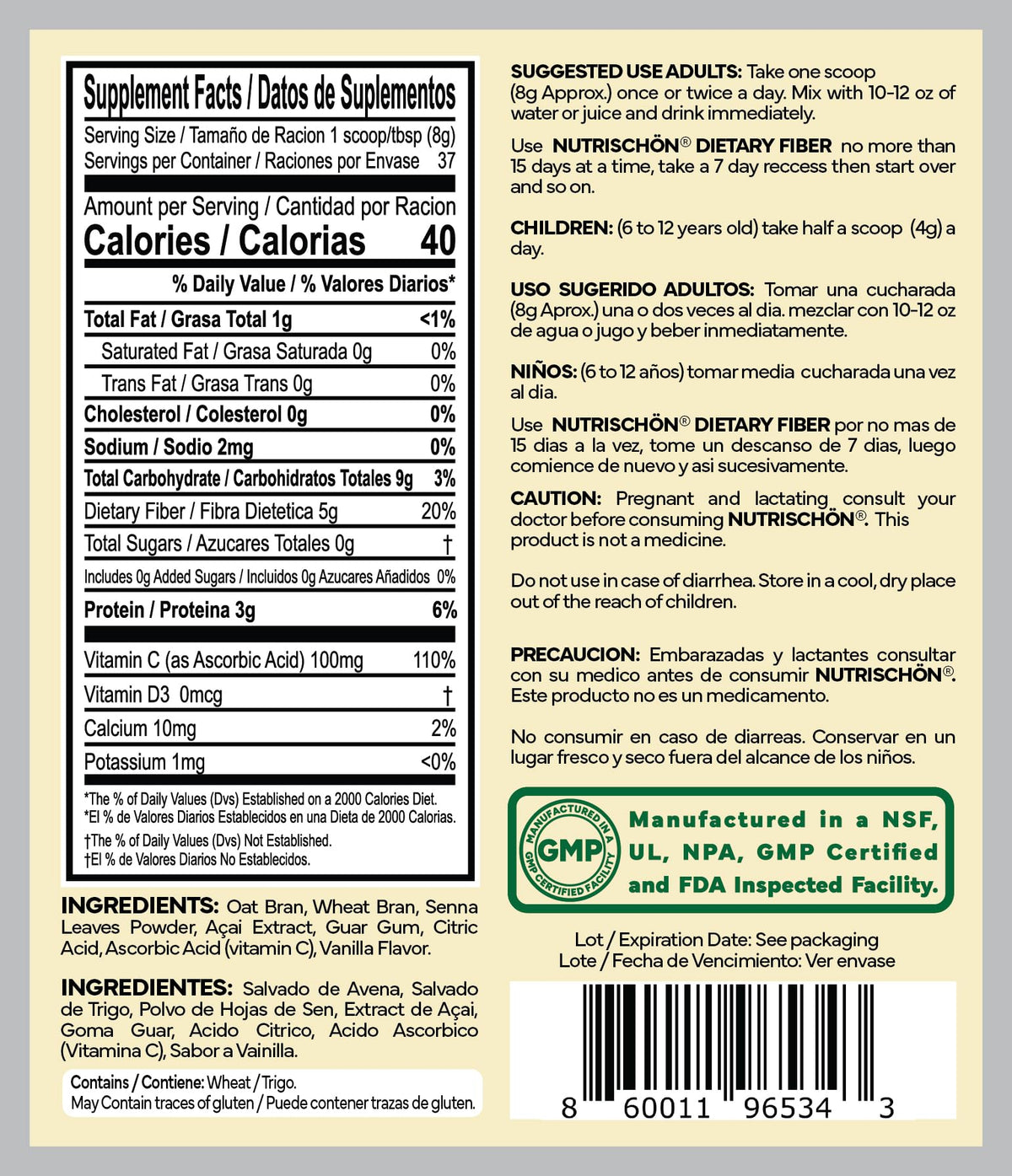 NUTRISCHON - Dietary Fiber Supplement - Relieves Constipation Naturally, Supports Gut Health & Regularity, with Added Açai, Sugar Free, Non-GMO - (10.5 oz, Vanilla)