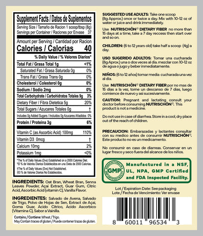 NUTRISCHON - Dietary Fiber Supplement - Relieves Constipation Naturally, Supports Gut Health & Regularity, with Added Açai, Sugar Free, Non-GMO - (10.5 oz, Vanilla)