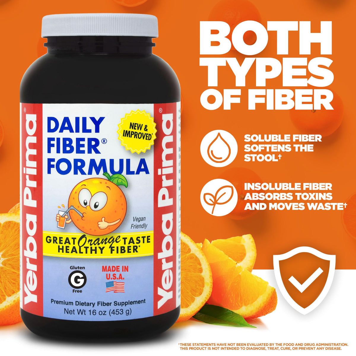 Yerba Prima Daily Fiber Formula 16 oz (Pack of 2) - Premium Dietary Fiber Supplement, Non-GMO, Gluten Free, Made in The USA, Orange Flavor