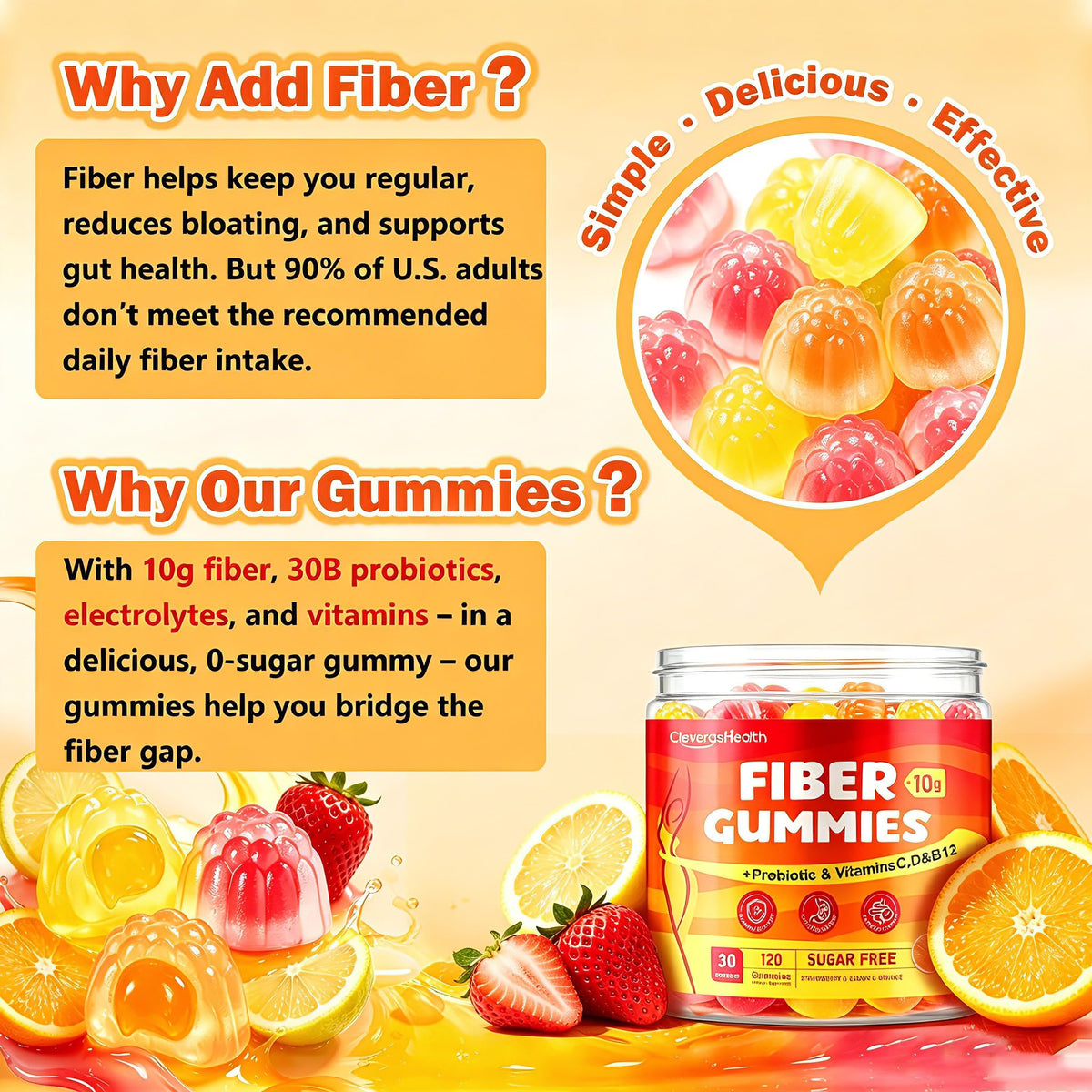 CleverasHealth 10G Fiber Gummies for Adults with 30 Billion CFU Probiotics,Vitamins C, D, B12,Electrolytes - Supports Digestive Health & Relieves Constipation and Bloating,Sugar Free - 120 Count