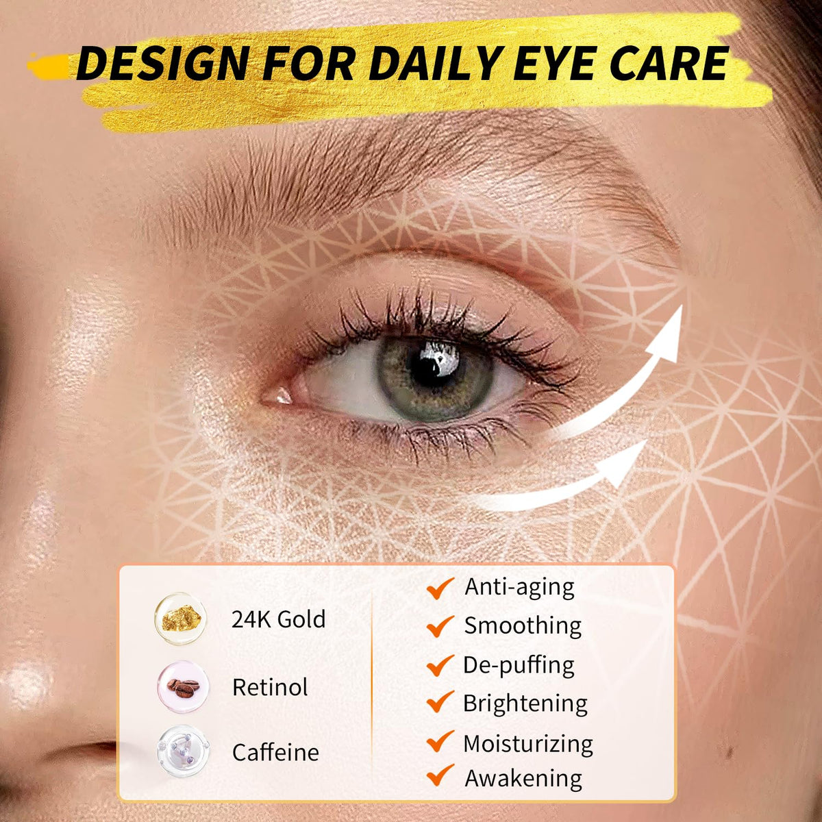 24K Gold & Retinol Under Eye Patches - Caffeine Eye Mask for Puffy Eyes & Dark Circles - Valentines Day Small Gift (12 Pairs)
