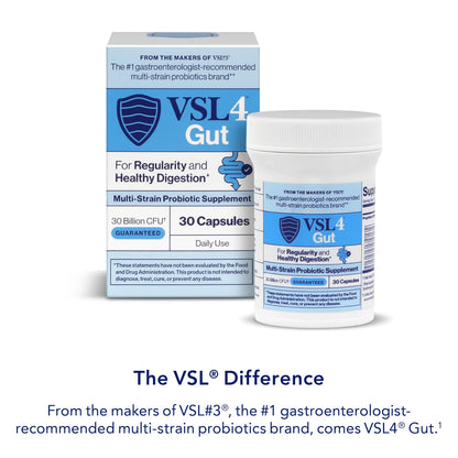 VSL4 Gut Daily Probiotics for Gut Health - 30B CFUs, Multi-Strain Digestive Support for Women & Men, Promotes Gut Balance & Regularity, Potent, Shelf-Stable Probiotic Supplement, 2 Pack (60 Capsules)