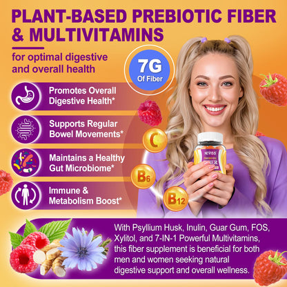 Fiber Gummies 7G for Adults with Psyllium Husk, For GLP-1 Users Daily Prebiotic Fiber - Inulin, FOS, Guar Gum, Methyl B12,Folate,B6 for Gut & Digestive Health, Regularity Support, Sugar Free, 1 Pack