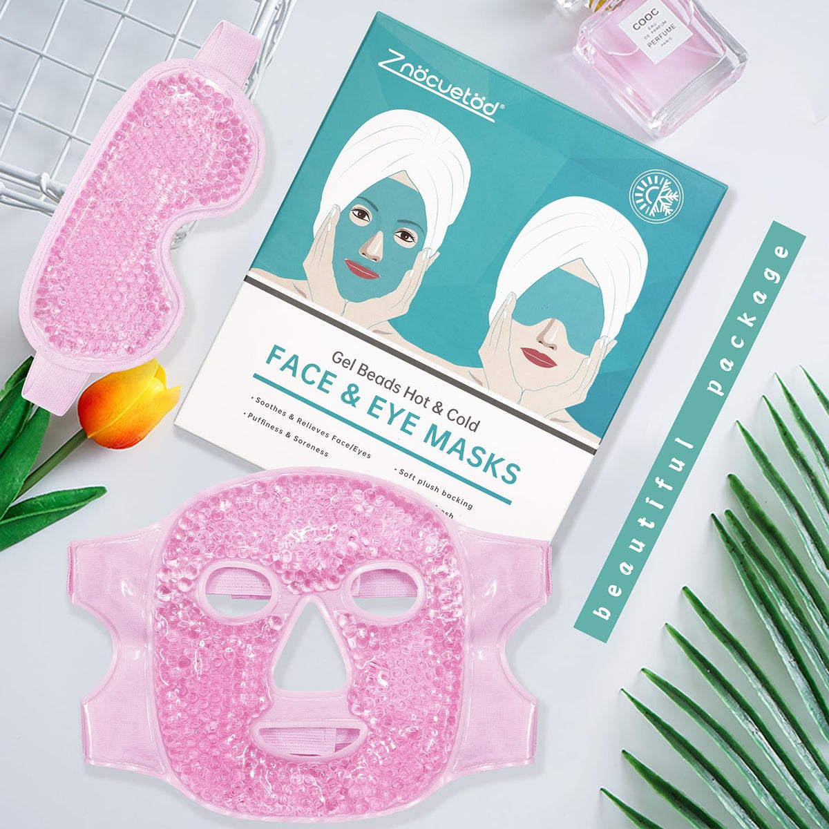 ZNÖCUETÖD 2-Piece Face & Eye Ice Mask Set (Pink) - Dual Hot & Cold Gel Packs for Puffiness, Dark Circles, Migraine Relief & Post-Surgery Swelling