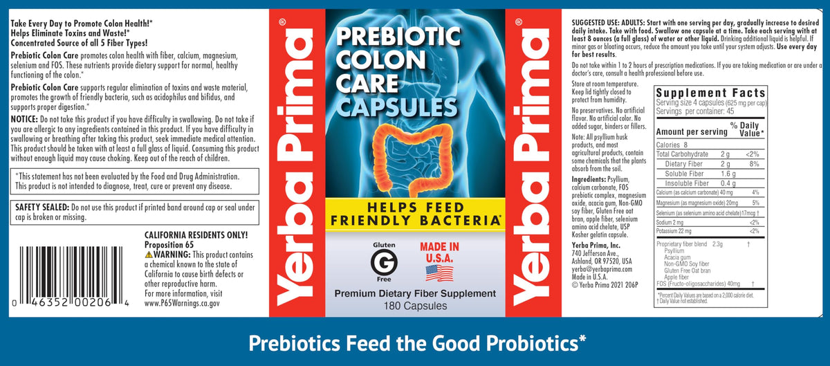 Yerba Prima Prebiotic Colon Care Capsules Dietary Fiber, 180 Count, (Pack of 2) - Five Forms of Fiber Plus FOS Prebiotics Supplement - Soluble & Insoluble for Regularity & Digestive Support