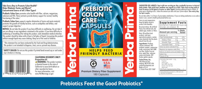 Yerba Prima Prebiotic Colon Care Capsules Dietary Fiber, 180 Count, (Pack of 2) - Five Forms of Fiber Plus FOS Prebiotics Supplement - Soluble & Insoluble for Regularity & Digestive Support