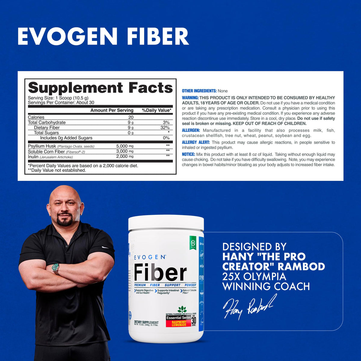 Evogen Fiber - Premium Fiber Powder Supplement - No Bloat, Constipation & Gut Health Support - Natural Raspberry Lemonade - 30 Servings