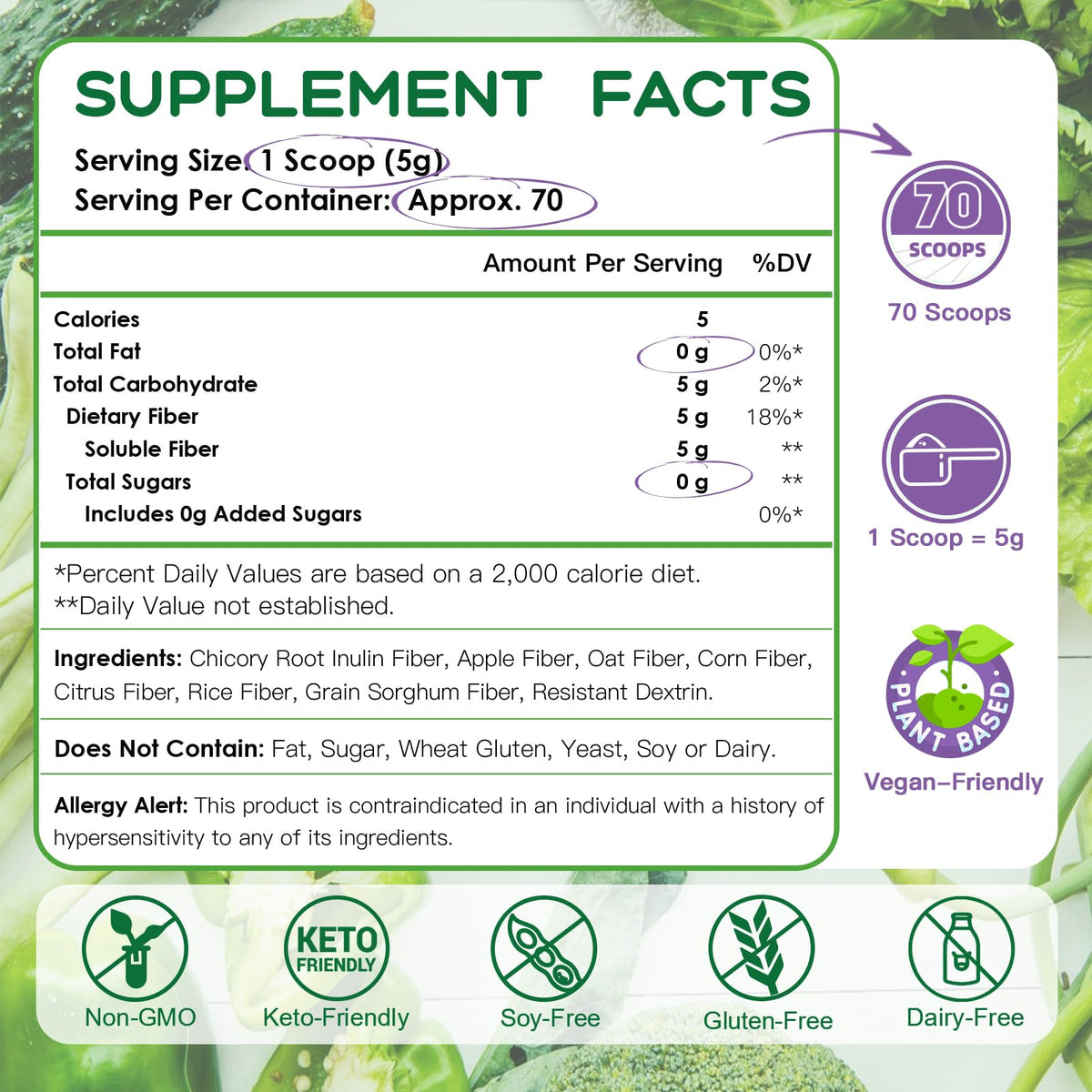 NATURE TARGET Daily Fiber Supplement - Soluble Prebiotic Fiber Powder for Gut Health, Whole Food High Fiber for Digestive Health & Regularity, Unflavored, Gluten & Sugar Free, Keto - 70 Servings