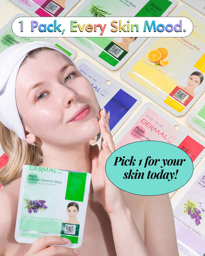 DERMAL 26 Combo Pack Collagen Essence Korean Face Mask (Green & Yellow) - Hydrating & Soothing Facial Mask with Panthenol - Hypoallergenic Sheet Mask for All Skin Types - Home Spa Treatment Mask