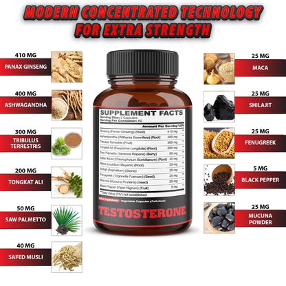 11-in-1 Testosterone Booster for Men - Energy, Strength & Performance Support Supplement - Agobi (120 Capsules, 2-Month Supply)