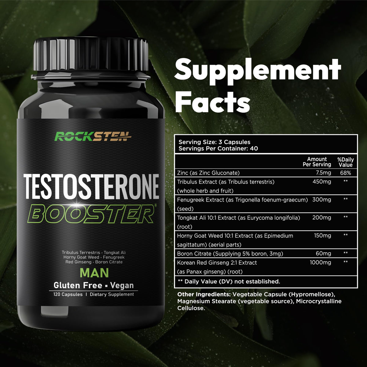 RockSten Testosterone Booster for Men - Tribulus, Tongkat Ali & Fenugreek - Stamina, Energy & Muscle Growth Support Supplement
