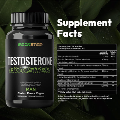 RockSten Testosterone Booster for Men - Tribulus, Tongkat Ali & Fenugreek - Stamina, Energy & Muscle Growth Support Supplement