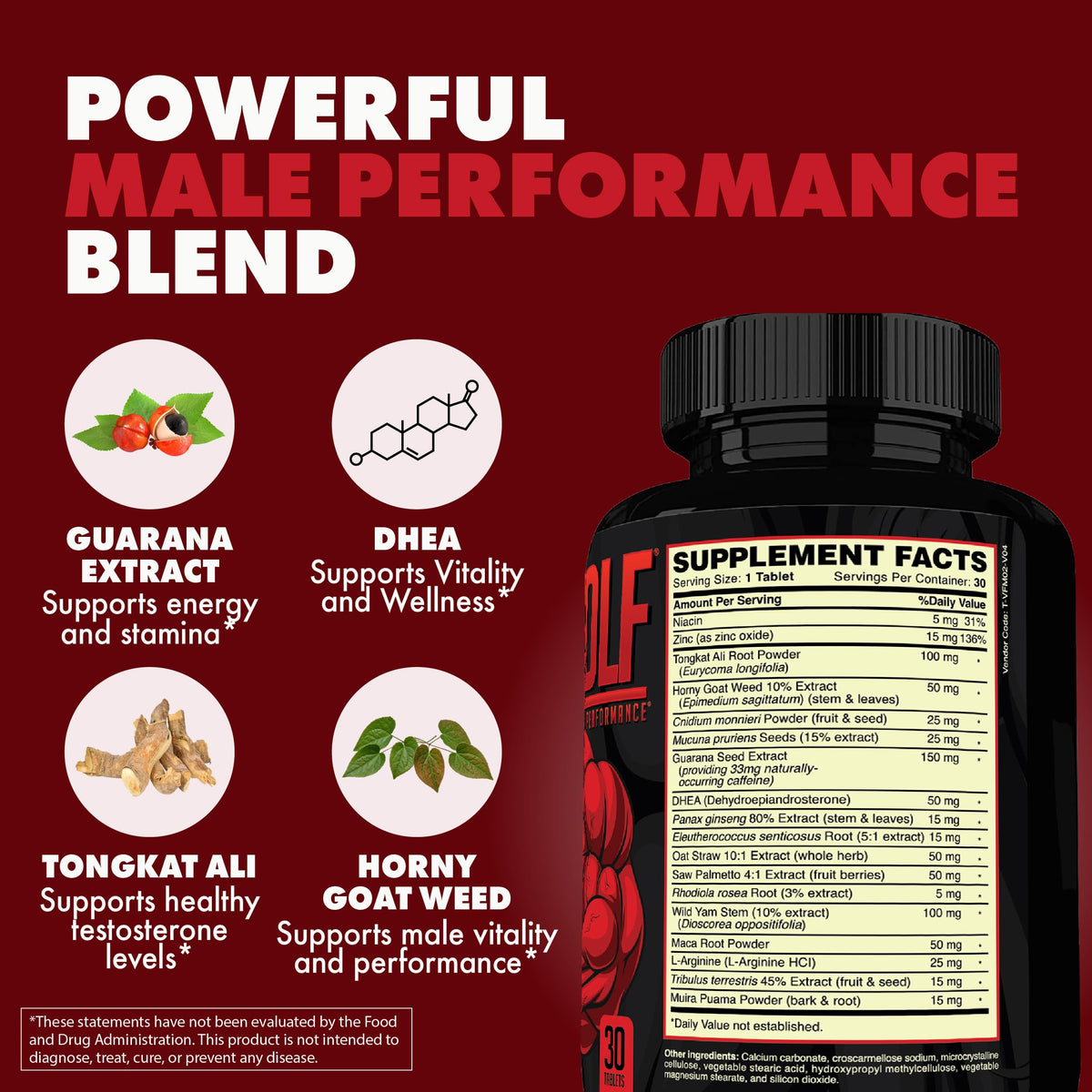Testosterone Booster for Men - Tongkat Ali, Maca & Horny Goat Weed - Energy, Vitality, Muscle Growth & Fertility Support - Red Wolf (1 Month Supply)
