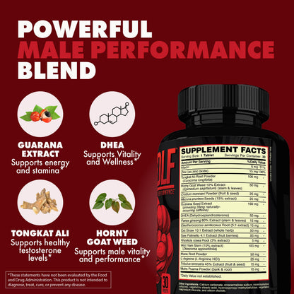 Testosterone Booster for Men - Tongkat Ali, Maca & Horny Goat Weed - Energy, Vitality, Muscle Growth & Fertility Support - Red Wolf (1 Month Supply)