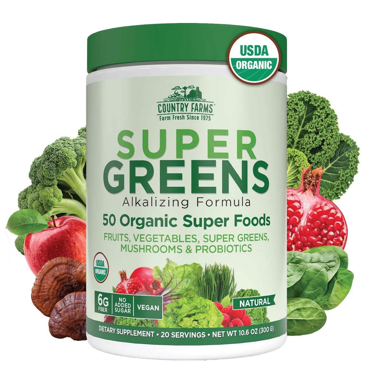 Country Farms Organic Super Greens Powder, 50 Organic Superfoods, Daily Greens Drink Mix with Fruits, Vegetables, Fiber, Probiotics & Mushrooms, Supports Energy, Gut Health & Digestion, Natural Flavor
