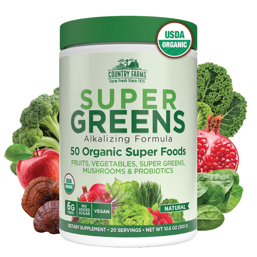 Country Farms Organic Super Greens Powder, 50 Organic Superfoods, Daily Greens Drink Mix with Fruits, Vegetables, Fiber, Probiotics & Mushrooms, Supports Energy, Gut Health & Digestion, Natural Flavor