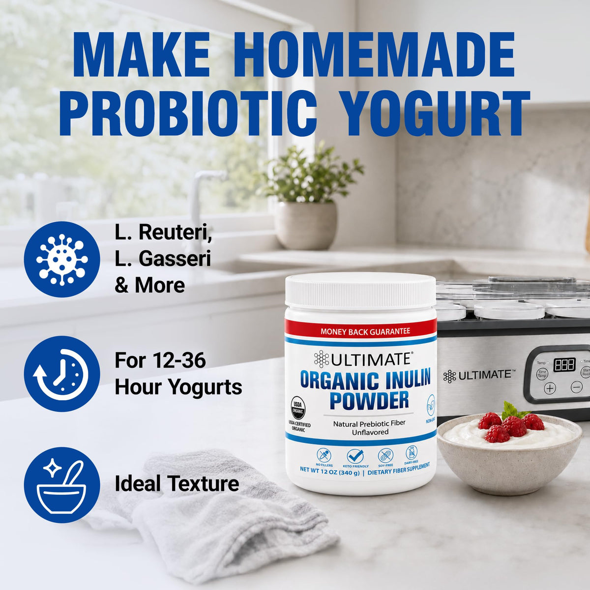 Ultimate Organic Inulin Powder. Make Delicious Probiotic Yogurt with Chicory Root Soluble Prebiotic Fiber. Dietary Supplement for Gut Health. Mix in Coffee, Tea & Smoothies. Low Carb & Keto (12oz)