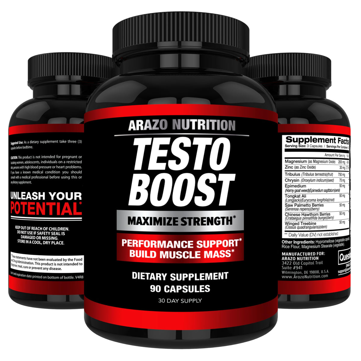 Arazo Nutrition TestoBoost Test Booster for Men - Tribulus, Epimedium, Hawthorn & Zinc - Natural Herbal Muscle & Strength Support Supplement