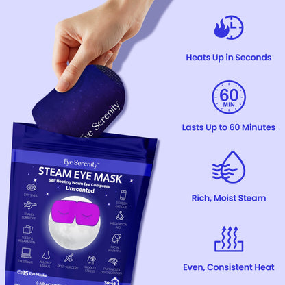 Eye Serenity Steam Eye Mask - Self-Heating Warm Compress for Dry Eye Relief - Unscented Disposable Eye Mask for Travel & Sleep (30 Pack)