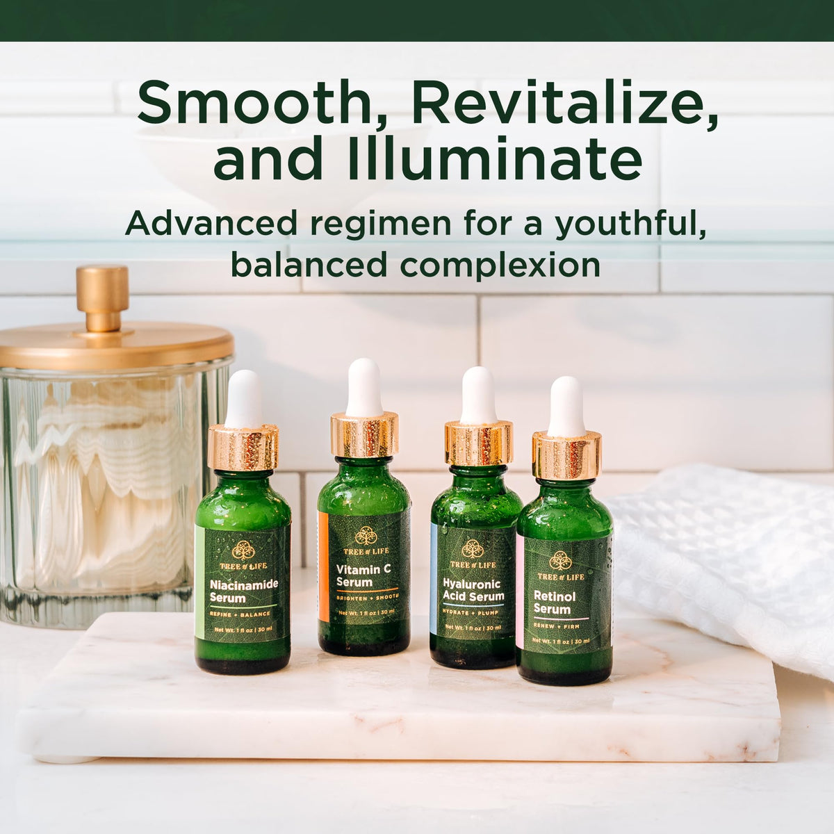 Tree of Life Beauty Facial Skin Care Set, Brightening, Firming & Hydrating Face Serums for Sensitive Skin - Niacinamide, Vitamin C, Retinol & Hyaluronic Acid, Dermatologist Tested, 1 Fl Oz (Pack of 4)