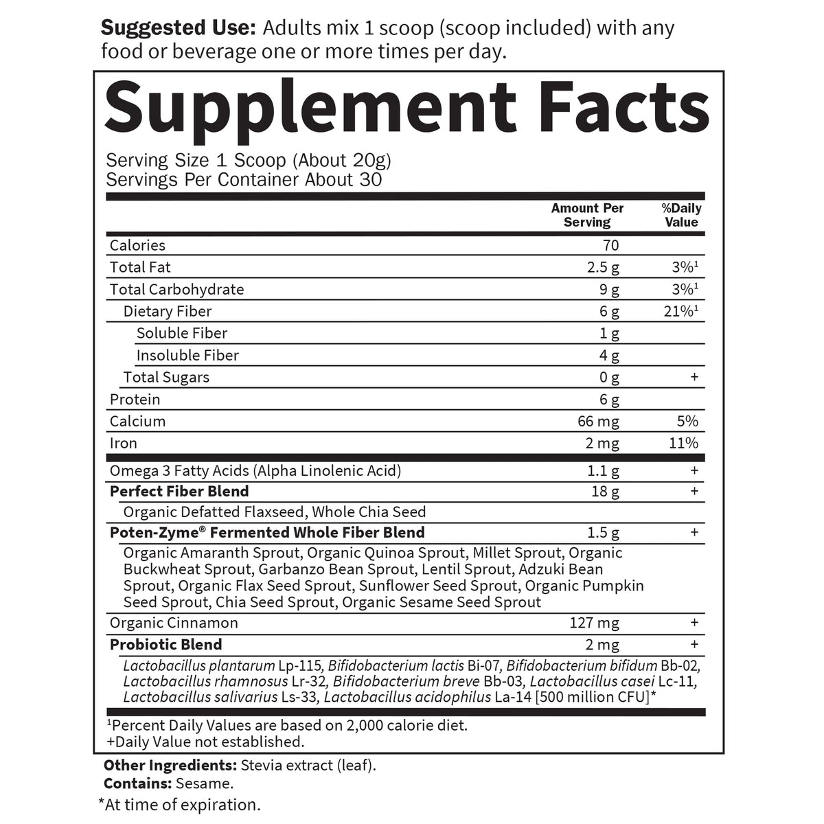 Garden of Life Super Seed Unflavored Fiber Powder, Whole Food Fiber Dietary Supplement with Protein and Omega 3, Vegetarian, 600g Powder