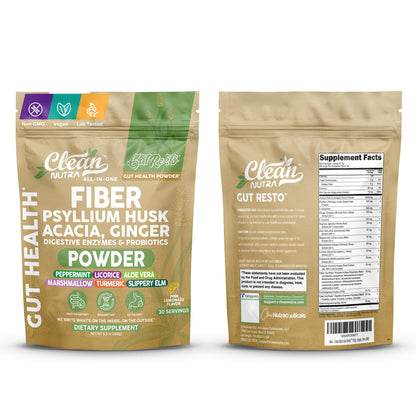 GutResto Fiber Supplement Psyllium Husk Powder Probiotic Gut Health Digestive Enzymes Prebiotic L-Glutamine Slippery Elm Aloe Vera Marshmallow Root Turmeric Ginger Peppermint by Clean Nutra 30 Svgs