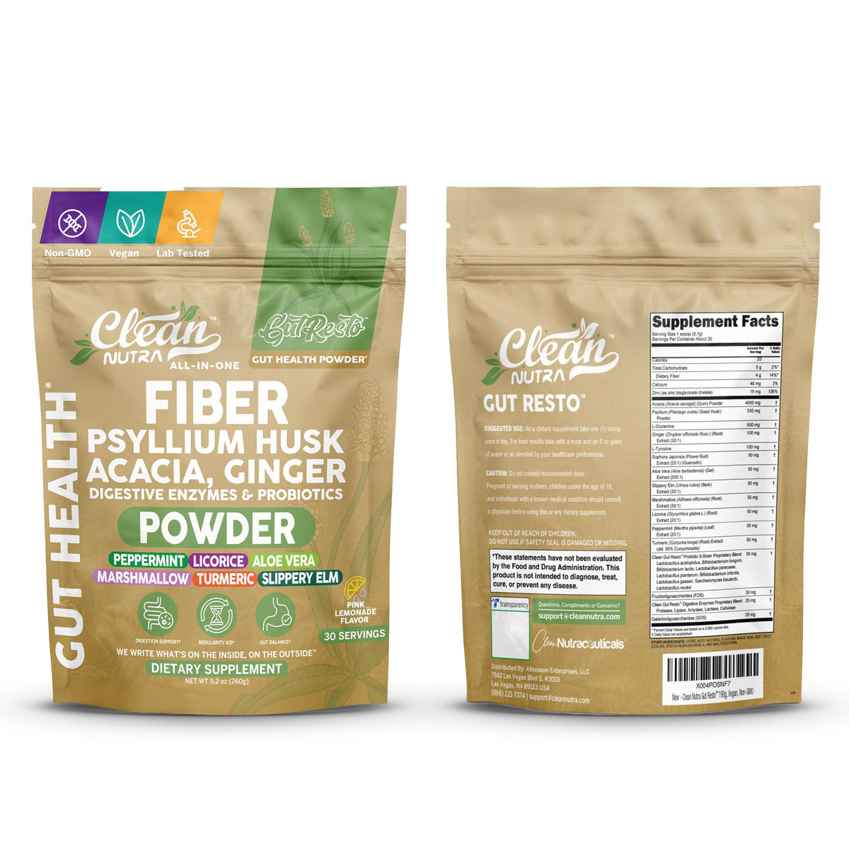 GutResto Fiber Supplement Psyllium Husk Powder Probiotic Gut Health Digestive Enzymes Prebiotic L-Glutamine Slippery Elm Aloe Vera Marshmallow Root Turmeric Ginger Peppermint by Clean Nutra 30 Svgs