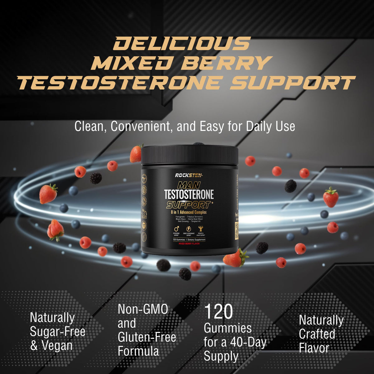 Testosterone Booster Gummies for Men - Energy, Stamina, Libido & Muscle Support Chews - RockSten Performance Supplement