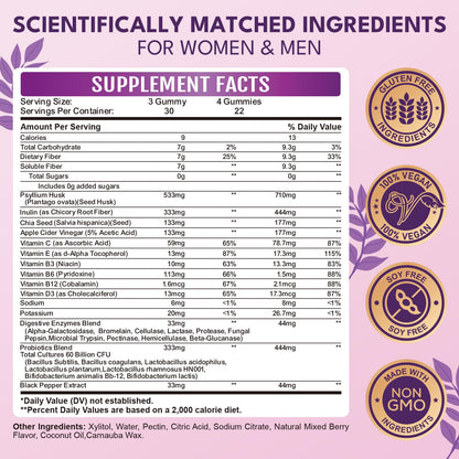 GZ HAOYUAN Fiber Gummies for Adults - Sugar Free Fiber Supplement 17 in 1, Probiotic 60 Billion CFU & Prebiotic with Digestive Enzymes, Inulin, Psyllium, Support for Gut & Digestive Health, 180 Count