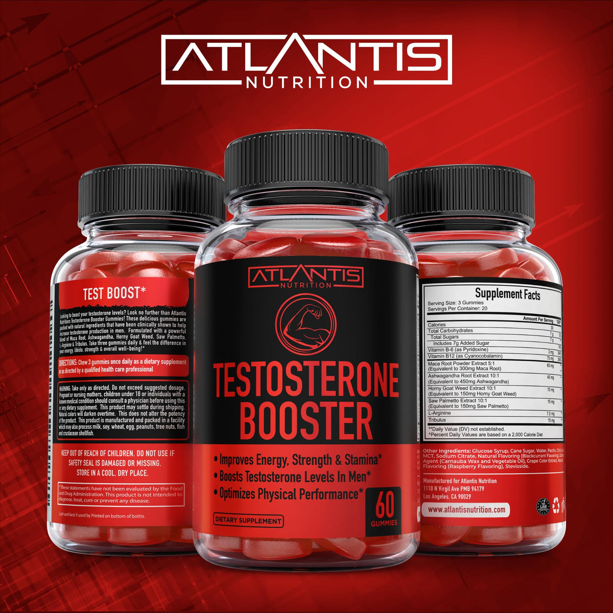 Testosterone Booster Gummies for Men - Strength, Stamina & Performance Support with Tribulus, Maca & Horny Goat Weed - Atlantis Nutrition (2 Pack, 120 Gummies)