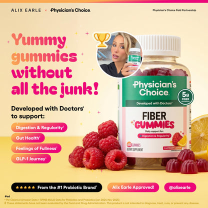 Physician's CHOICE Fiber Gummies for GLP-1 Support - No Sugar Added & Vegan - Raspberry Lemon - Natural Chicory Root Prebiotic Fiber Gummy - Digestive Health & Regularity for Women & Men - 60CT