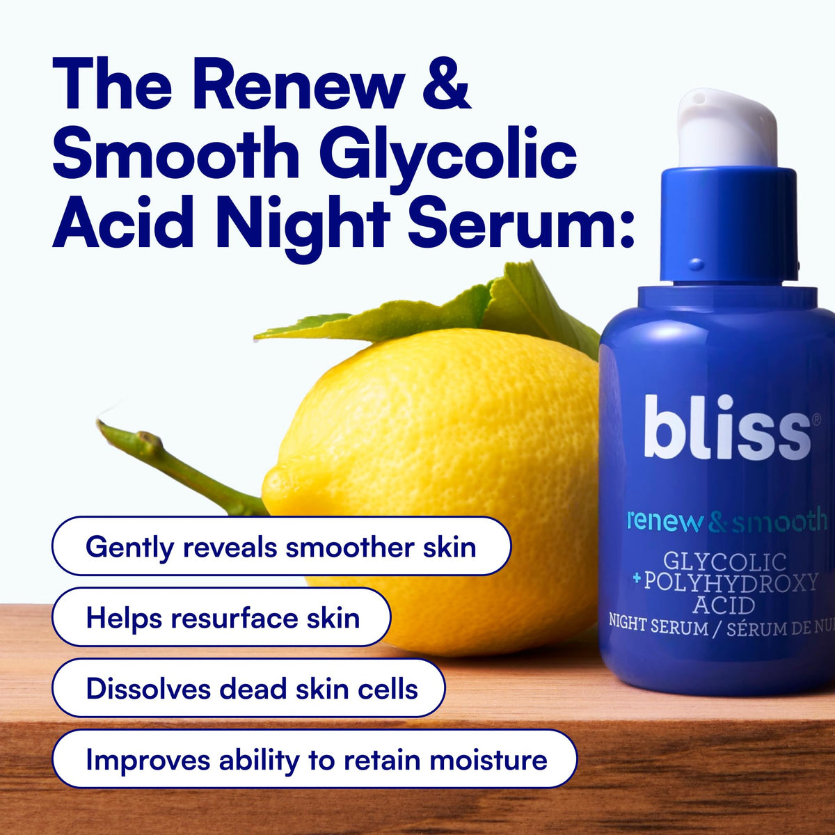 Bliss Renew & Smooth Night Serum - Glycolic Acid + Polyhydroxy Acid Exfoliating Serum - Resurfaces Skin, Smooths Texture & Brightens Tone Overnight - 1 Fl Oz