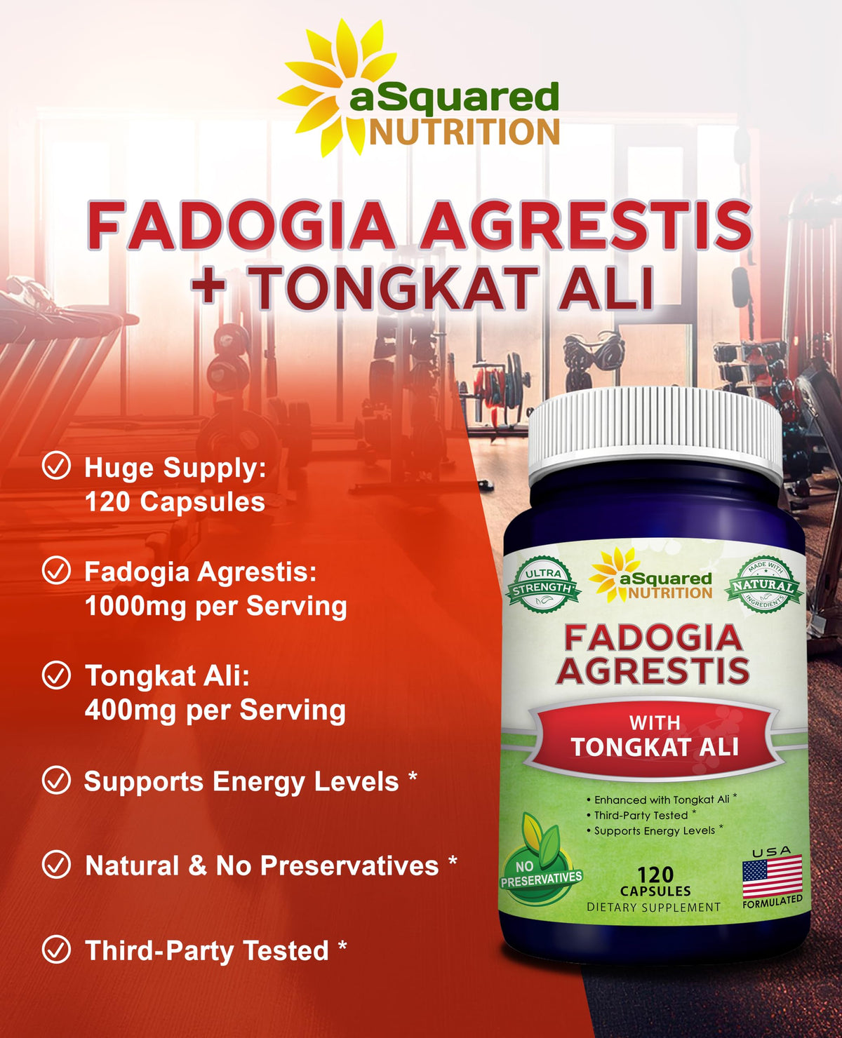 Fadogia Agrestis 1000mg & Tongkat Ali 400mg Capsules - Men's Testosterone Support Supplement - aSquared Nutrition 120 Capsules