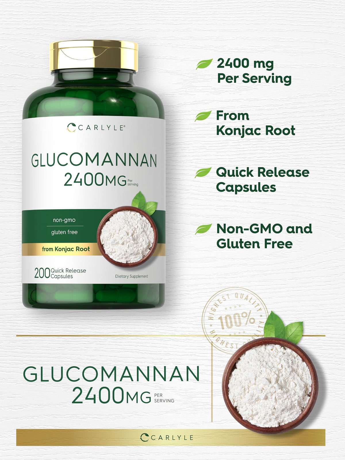 Carlyle Glucomannan Capsules - 200 Count - from Konjac Root - Soluble Fiber Pills - Non-GMO, Gluten Free Supplement