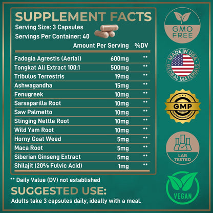 Fadogia Agrestis & Tongkat Ali for Men - 600mg Fadogia + 500mg Longjack - Muscle, Energy, Mood & Strength Support Supplement (120 Capsules)