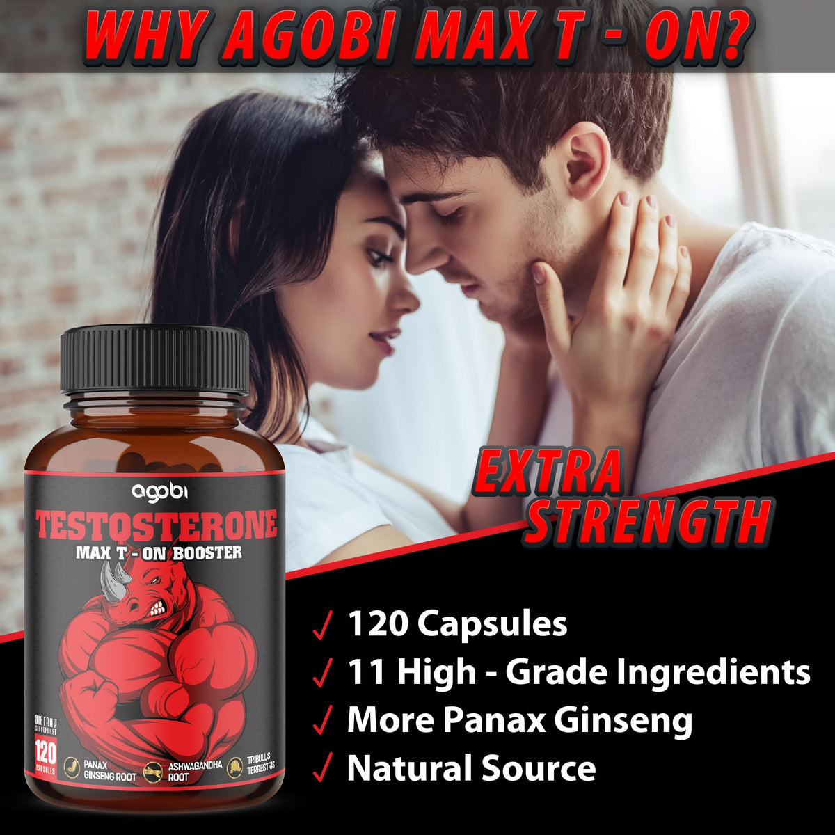 11-in-1 Testosterone Booster for Men - Energy, Strength & Performance Support Supplement - Agobi (120 Capsules, 2-Month Supply)