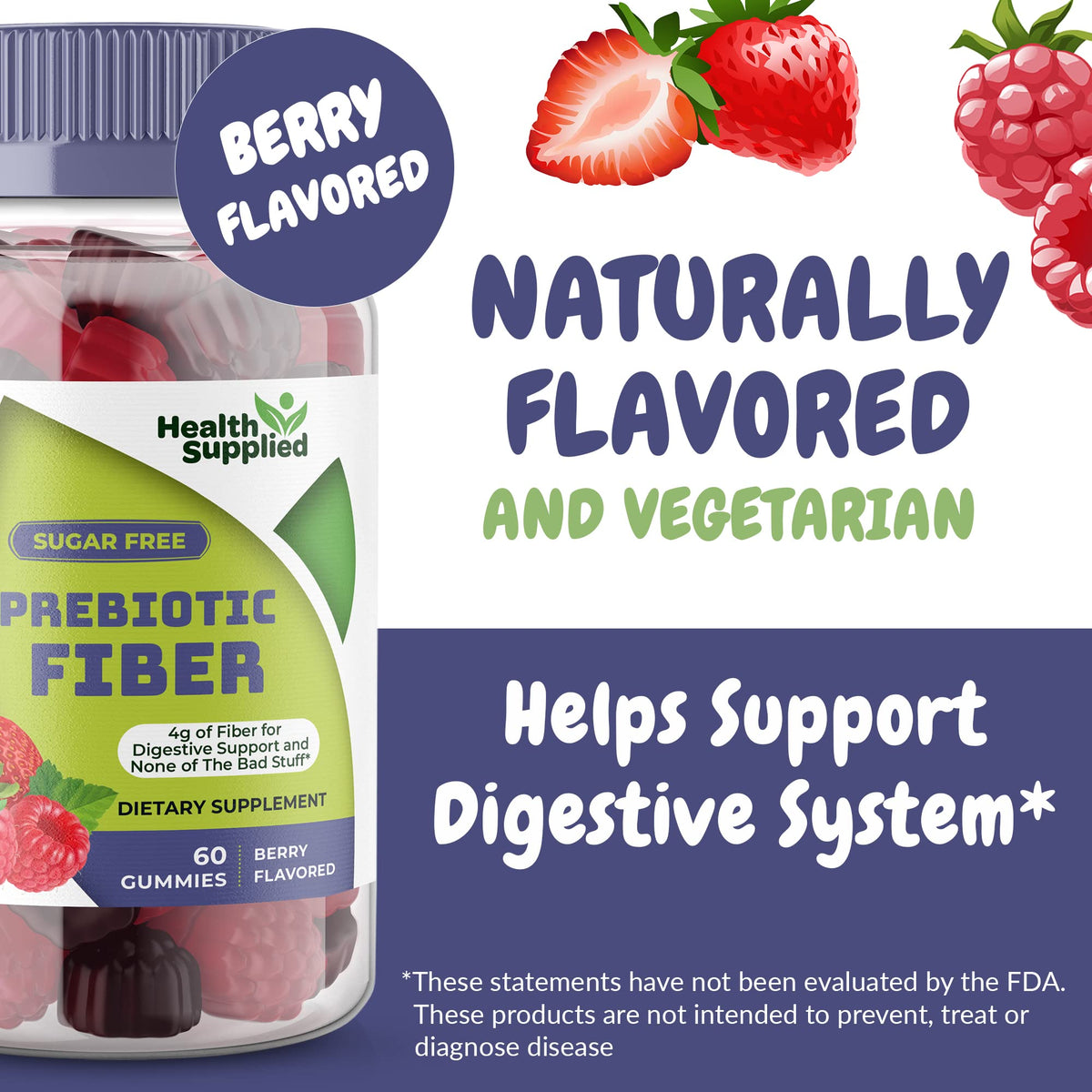 Health Supplied Mixed Berry Flavored Prebiotic Fiber Gummies - Supports Digestive System Gut Cleansing, Constipation Relief - Assists with Weight Loss Plan - Great Tasting and Easy to Swallow